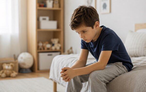 Niño sentado y preocupado en su habitación — señales de ansiedad infantil