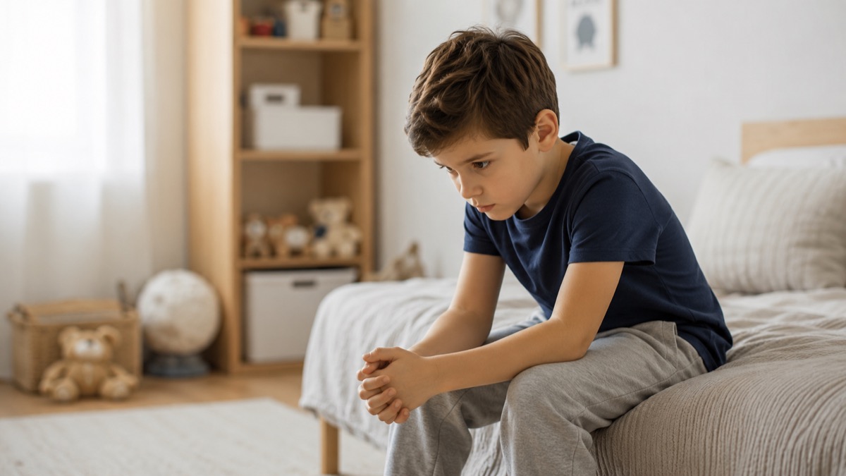 Niño sentado y preocupado en su habitación — señales de ansiedad infantil