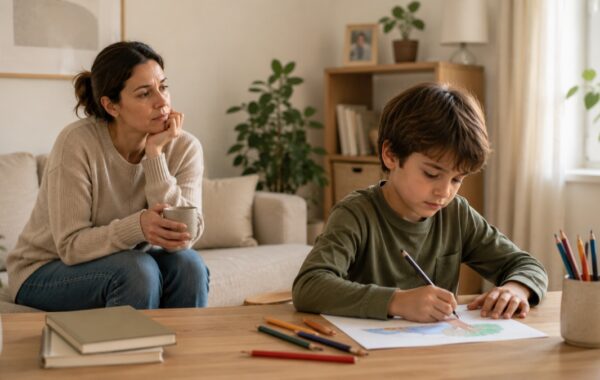 Madre observando a su hijo mientras dibuja — señales de que un niño necesita psicólogo