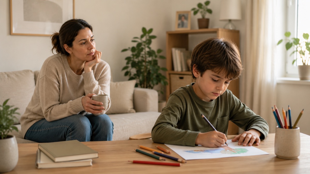 Madre observando a su hijo mientras dibuja — señales de que un niño necesita psicólogo