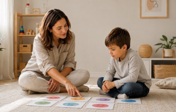 Psicóloga y niño usando tarjetas de emociones — herramientas de regulación emocional en niños