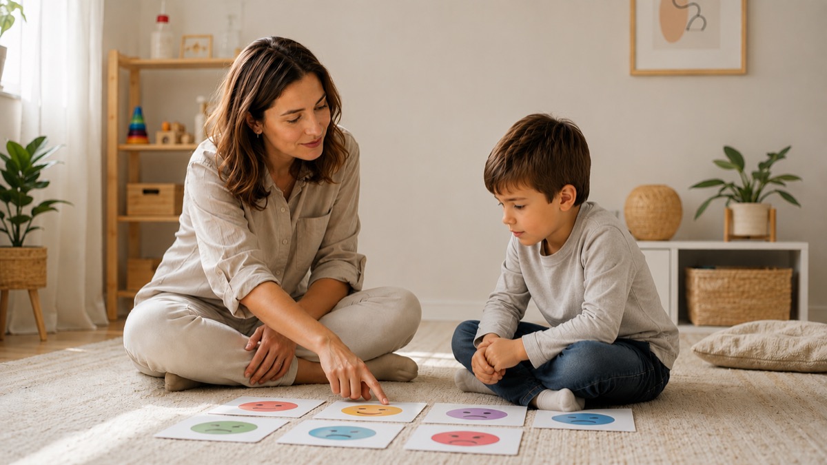 Psicóloga y niño usando tarjetas de emociones — herramientas de regulación emocional en niños