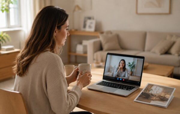 Mujer en sesión de terapia online por videollamada — terapia virtual vs presencial