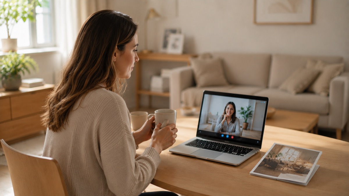 Mujer en sesión de terapia online por videollamada — terapia virtual vs presencial