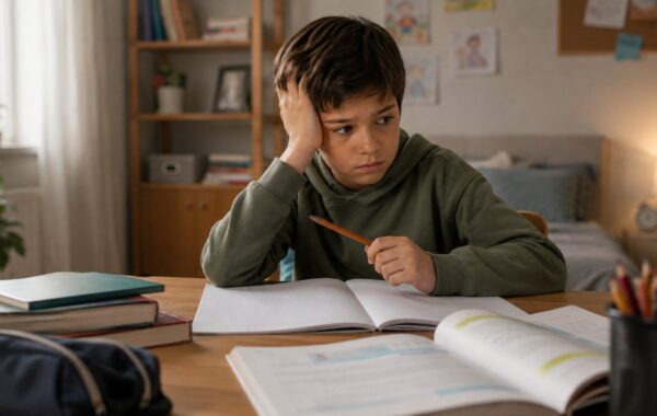 Niño con TDAH distraído y frustrado haciendo la tarea escolar en casa