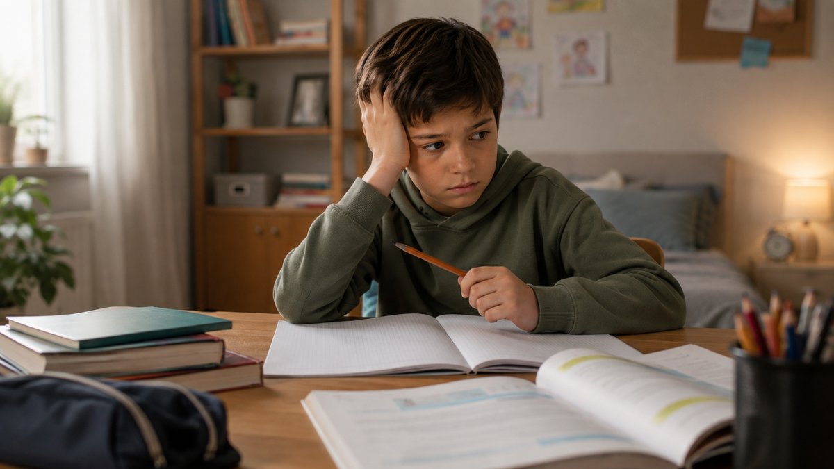 Niño con TDAH distraído y frustrado haciendo la tarea escolar en casa